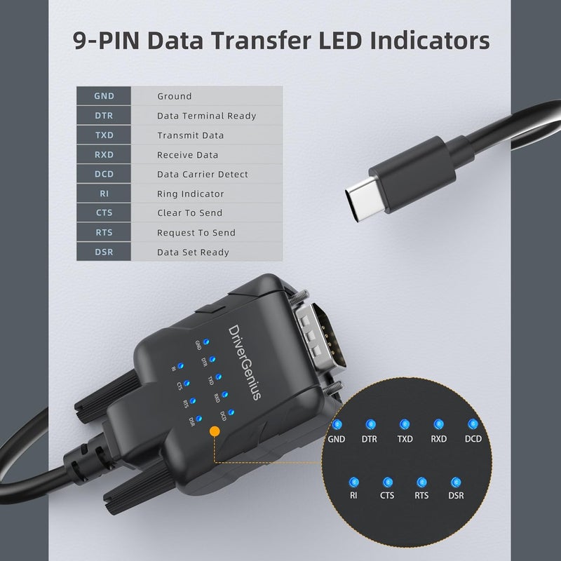 DriverGenius SerialPulseX USB-C to Serial RS232 DB9 Adapter with 9 x LED Indicators - Prolific PL2303GC - Compatible with Windows 11, macOS 15, Linux (USB232A-E-C, 3ft/1m) - Image 5
